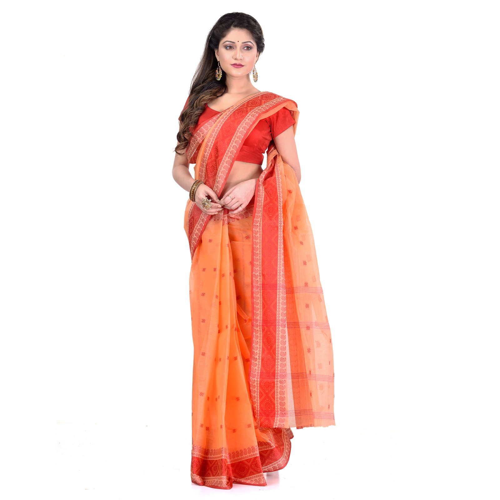 DESH BIDESH Women`s Traditional Bengal Tant Pure Handloom Cotton Saree Woven Kalkatara Design Without Blouse Piece (Light Orange Red)